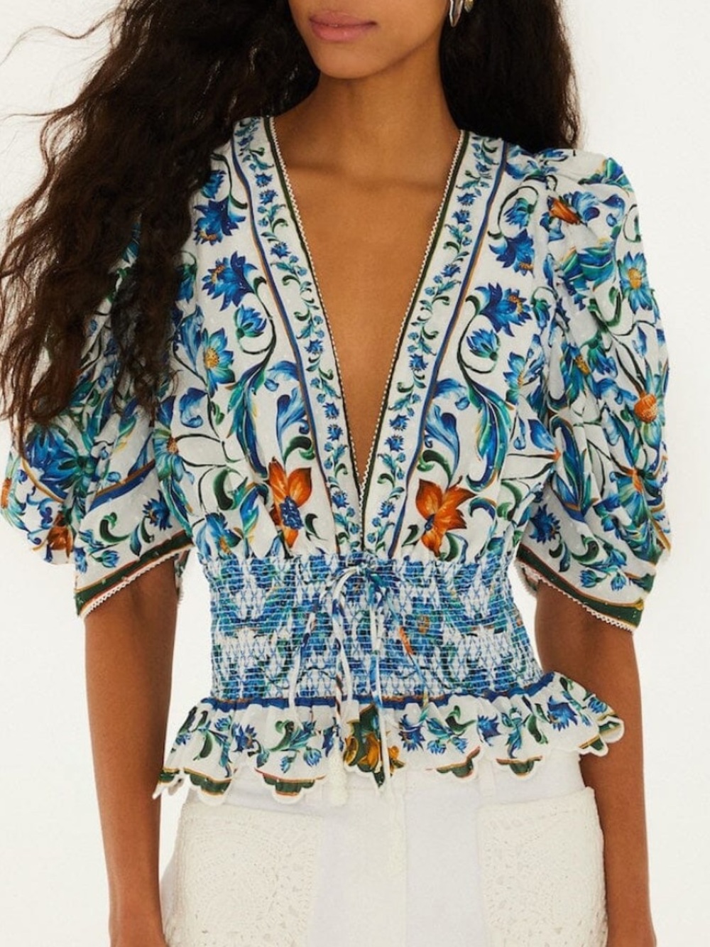 Farm Rio Off-White Flora Tile Smocked Blouse White & Blue